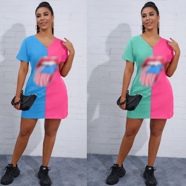 Contrasting color big tongue mouth print loose dress women F033