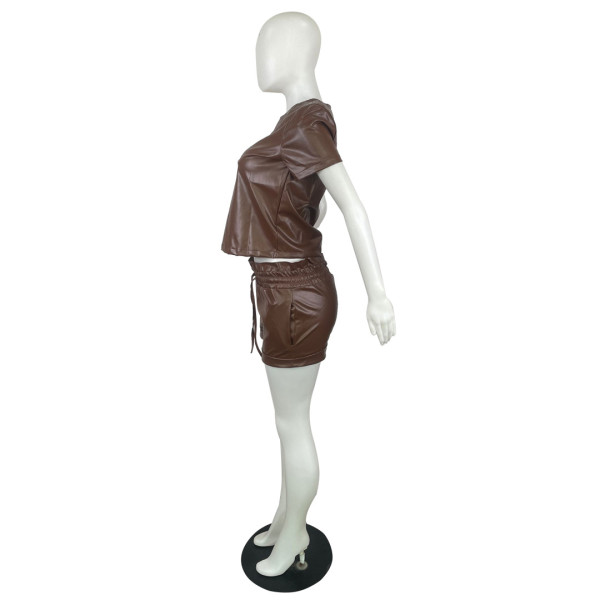 Summer casual shorts two-piece suit Amazon new PU leather short sleeve suit women QY5056