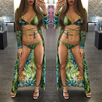 Three-piece swimsuit with summer print beach shawl L0103