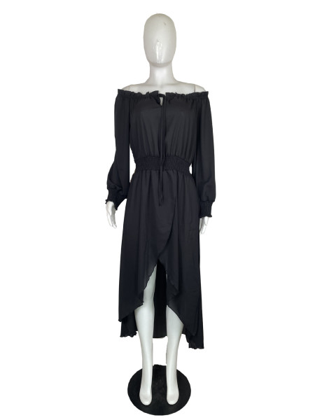 Lace-up chiffon one-line collar waist irregular large skirt dress QY0345
