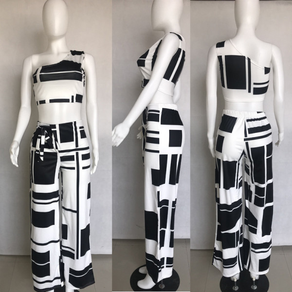 Women sexy sloping shoulder wide leg pants two-piece L0178