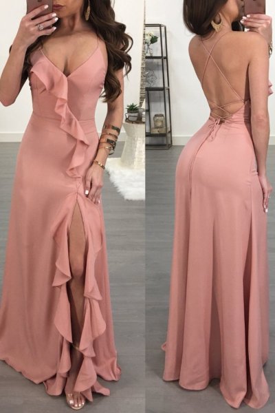 Solid color sexy open back long dress with wooden ears L0172