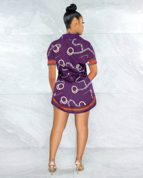 Sexy slim waist printed short-sleeved shirt spring and summer short dress L0341