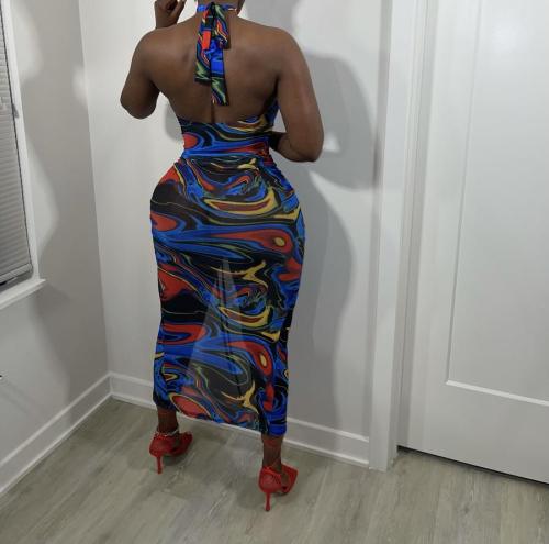 Summer net yarn perspective color matching abstract graffiti print long skirt FFZ1111