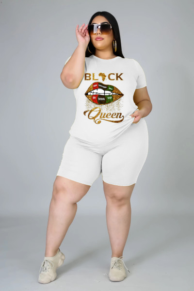 Large size women's lips blackqueen positioning printing casual sports suit two-piece suit DM090