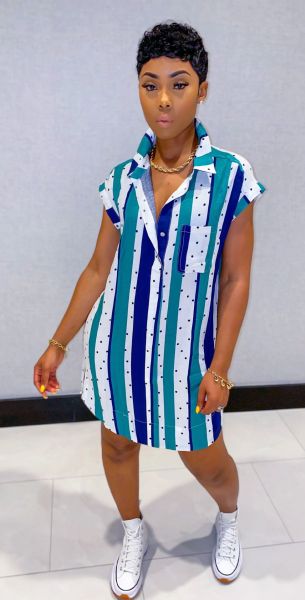 Large size striped polka dot print short sleeve casual shirt short dress L0347