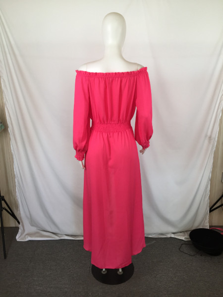 Lace-up chiffon one-line collar waist irregular large skirt dress QY0345