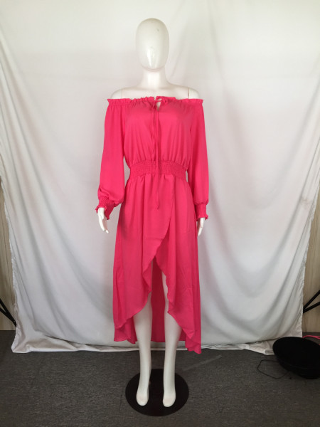 Lace-up chiffon one-line collar waist irregular large skirt dress QY0345