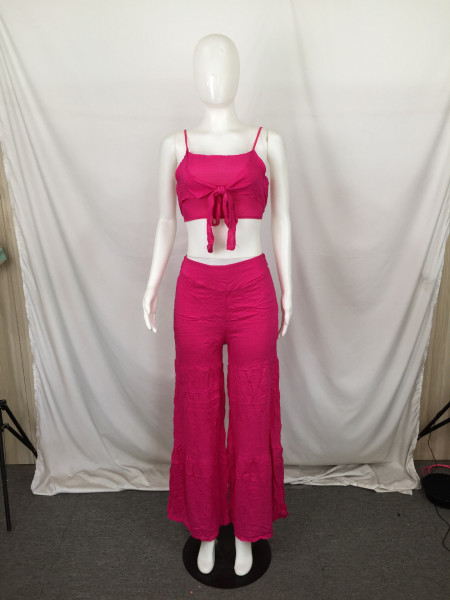 Popular casual fashion summer solid color wide leg pants two-piece suit QY0265