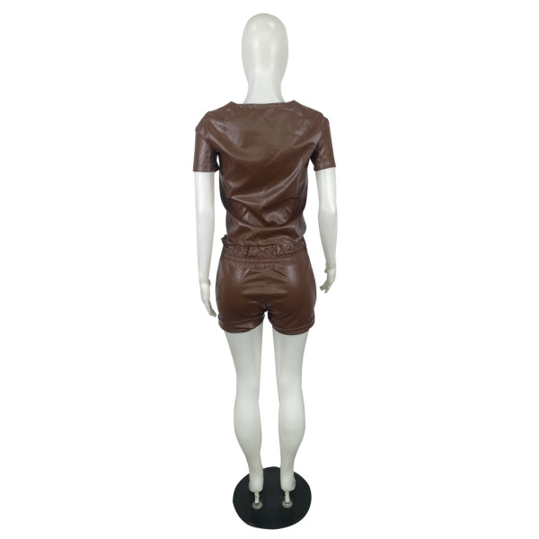 Summer casual shorts two-piece suit Amazon new PU leather short sleeve suit women QY5056