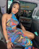 Summer net yarn perspective color matching abstract graffiti print long skirt FFZ1111