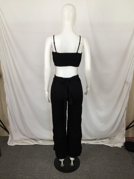 Popular casual fashion summer solid color wide leg pants two-piece suit QY0265