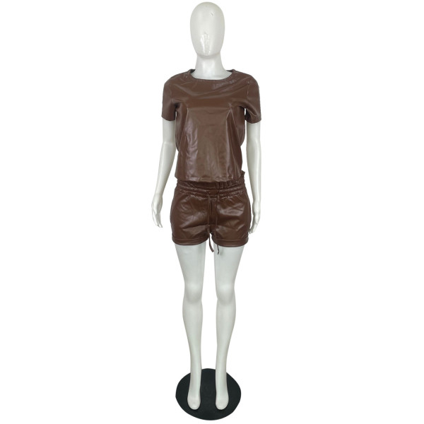Summer casual shorts two-piece suit Amazon new PU leather short sleeve suit women QY5056