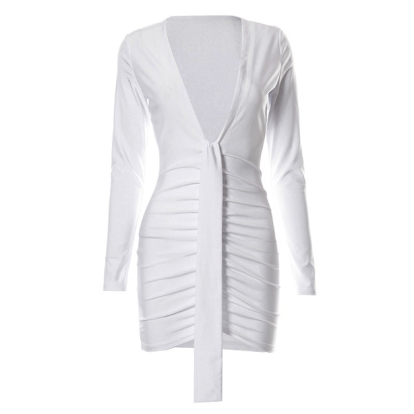 New solid color deep V-neck long-sleeved fringed smocked mini dress K21DS203