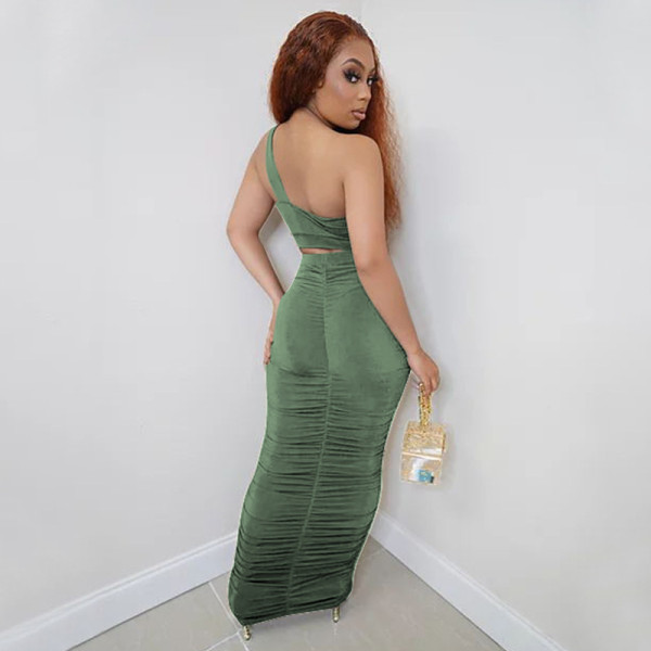 The new suit skirt hollow one-shoulder folds solid color two-piece suit K9880