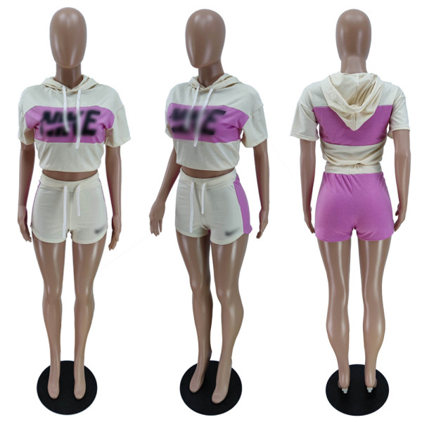 Color block stitching sexy sports suit showing belly button BN7187