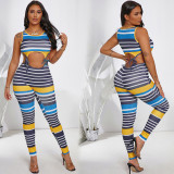 Multicolor Striped Navel Sexy Sling Short Sleeve Suit PH1222