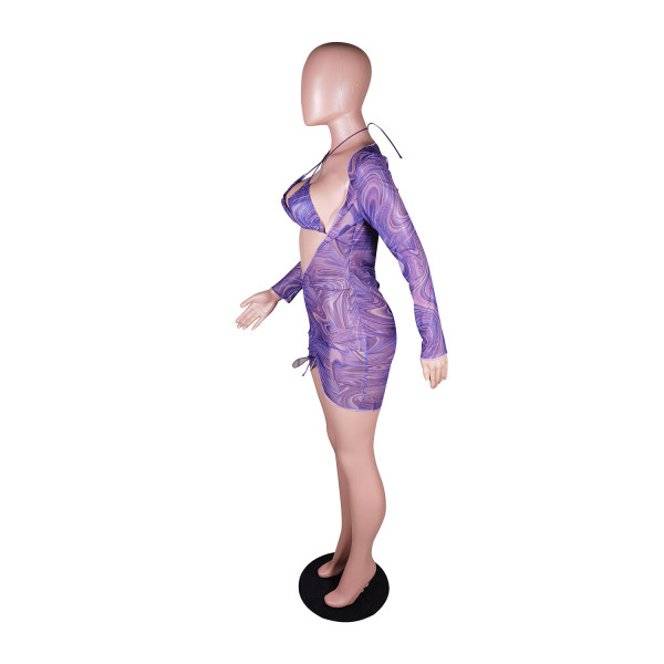 Sexy fashion mesh printed dress with bra drawstring YZ1274