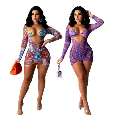 Sexy fashion mesh printed dress with bra drawstring YZ1274