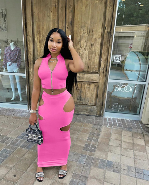 Sexy solid color zipper sleeveless hollow skirt two-piece suit  YB129