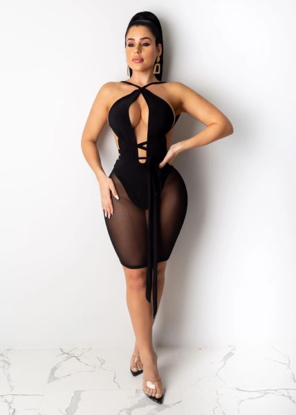 Sexy and fashionable breast-wrapped lace-up milk silk gauze stitching dress YZ1271