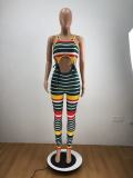 Multicolor Striped Navel Sexy Sling Short Sleeve Suit PH1222
