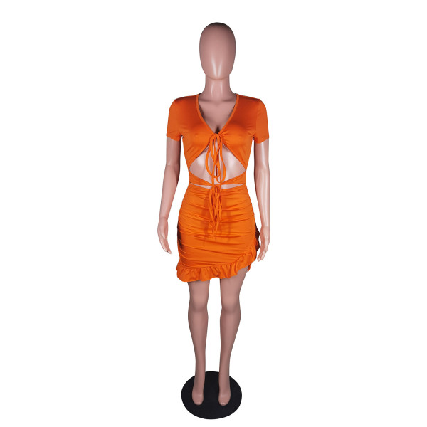 Sexy fashion wrapped chest strap navel ruffled dress YZ1272