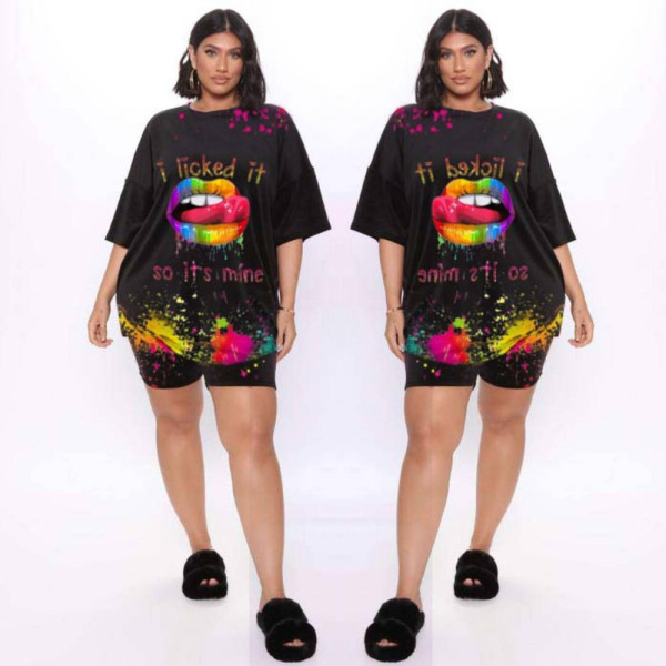 Plus size fashion lips print two-piece suit PH1226