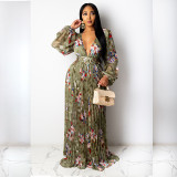 Pleated technology sexy big V-neck print dress A132