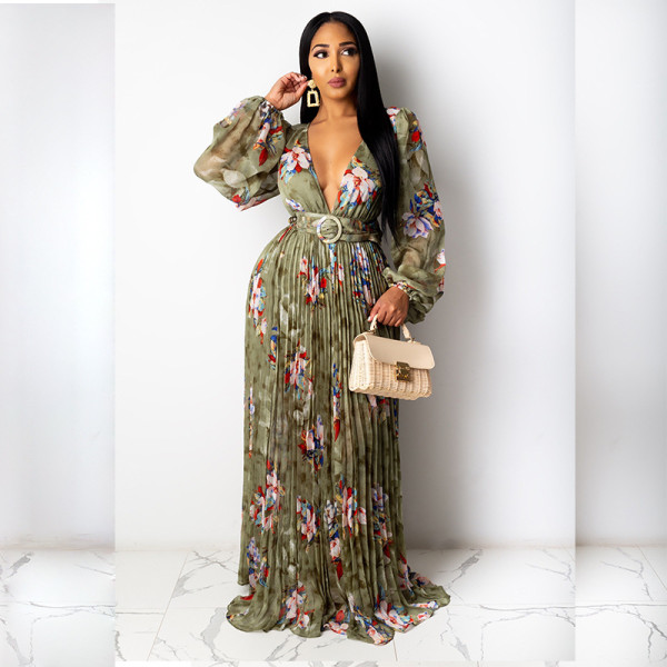 Pleated technology sexy big V-neck print dress A132