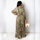 Pleated technology sexy big V-neck print dress A132