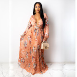 Pleated technology sexy big V-neck print dress A132