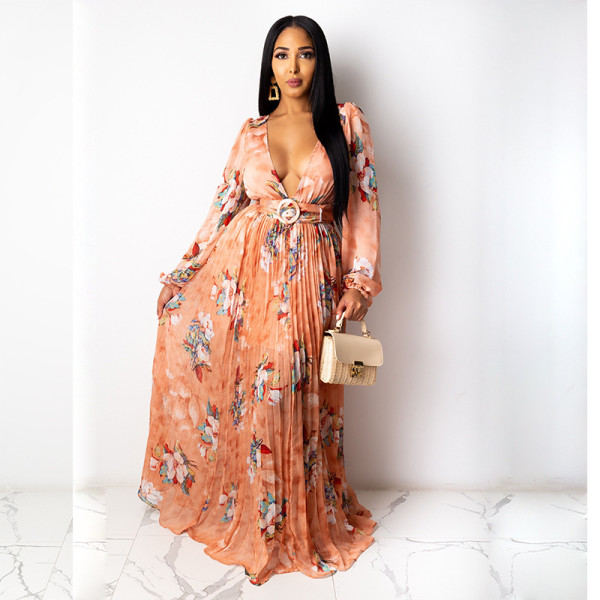 Pleated technology sexy big V-neck print dress A132