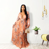 Pleated technology sexy big V-neck print dress A132
