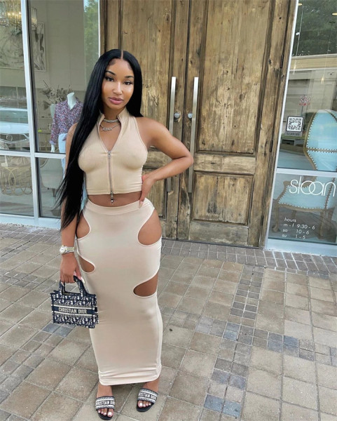Sexy solid color zipper sleeveless hollow skirt two-piece suit  YB129