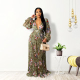 Pleated technology sexy big V-neck print dress A132