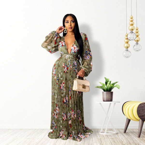 Pleated technology sexy big V-neck print dress A132