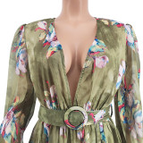 Pleated technology sexy big V-neck print dress A132