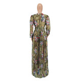 Pleated technology sexy big V-neck print dress A132
