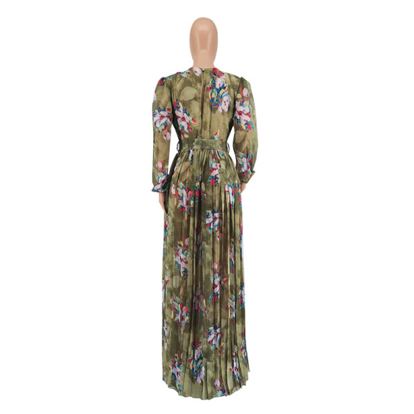 Pleated technology sexy big V-neck print dress A132