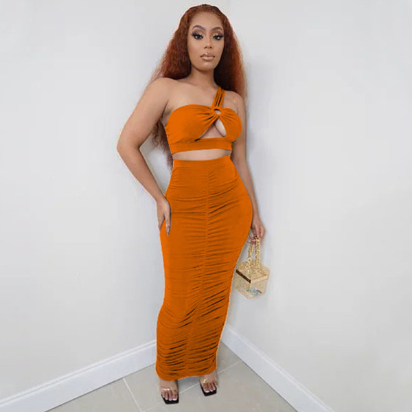 The new suit skirt hollow one-shoulder folds solid color two-piece suit K9880