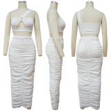 The new suit skirt hollow one-shoulder folds solid color two-piece suit K9880