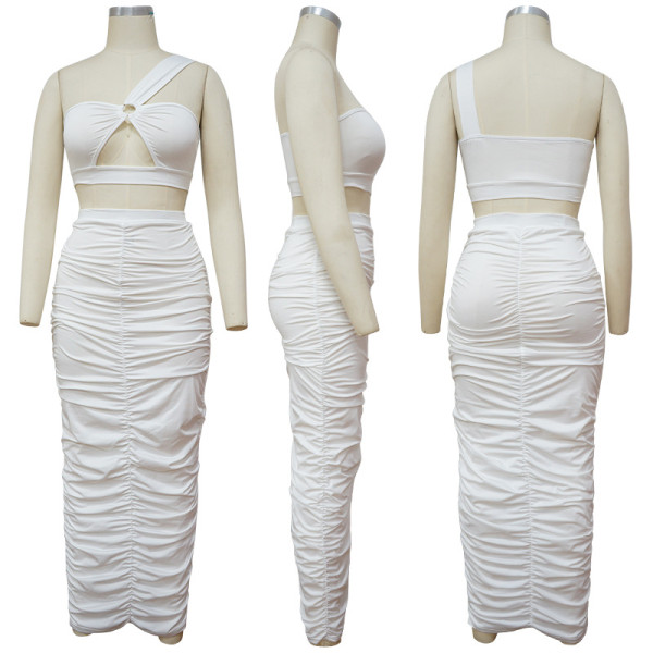 The new suit skirt hollow one-shoulder folds solid color two-piece suit K9880