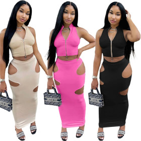 Sexy solid color zipper sleeveless hollow skirt two-piece suit  YB129