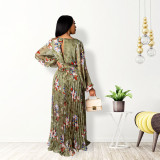 Pleated technology sexy big V-neck print dress A132