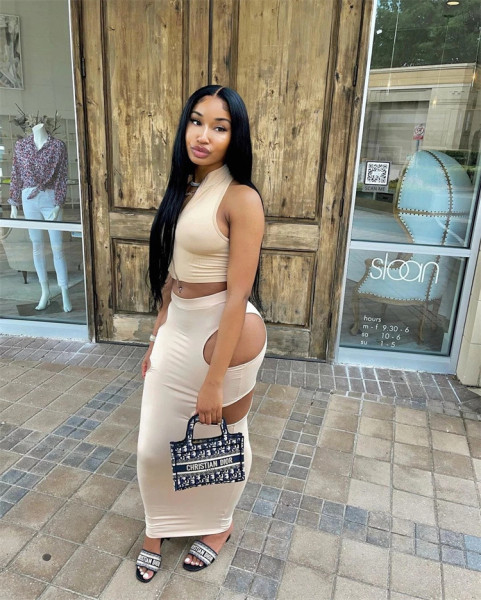 Sexy solid color zipper sleeveless hollow skirt two-piece suit  YB129