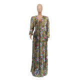 Pleated technology sexy big V-neck print dress A132