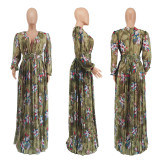 Pleated technology sexy big V-neck print dress A132