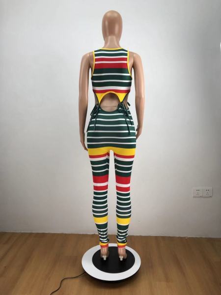 Multicolor Striped Navel Sexy Sling Short Sleeve Suit PH1222