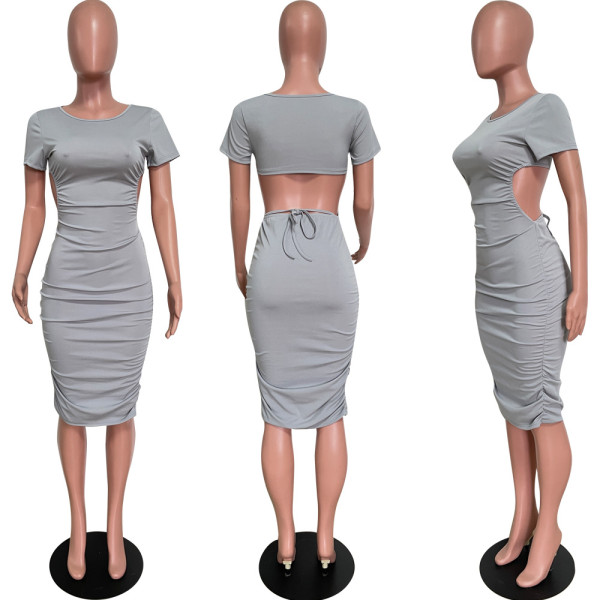Sexy strappy fashion solid color open back hollow dress HM5478